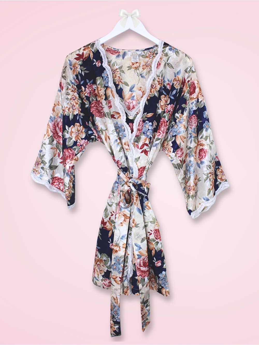 Vintage L.A. Intimates Floral Slip Kimono Robe Set M Navy Pink Ivory Lace